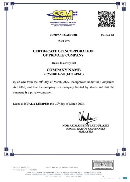 Malaysia certificate of incorporation of private company Word and PDF template 